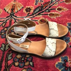 Clark’s ankle wrap white snakeskin motif sandals